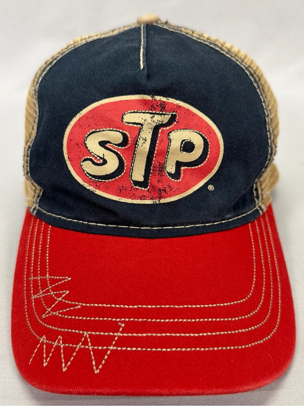 STP Trucker Hat Snapback Red Blue Tan Mesh Racing Cap Distressed Look